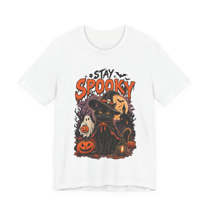 Stay Spooky Halloween Tee — Black Cat, Pumpkins & Witch Hat Graphic