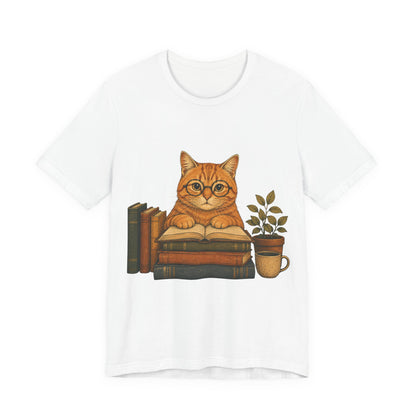 Cat Booklover T‑Shirt — Cute Reading Cat with Glasses, Books & Coffee Tee