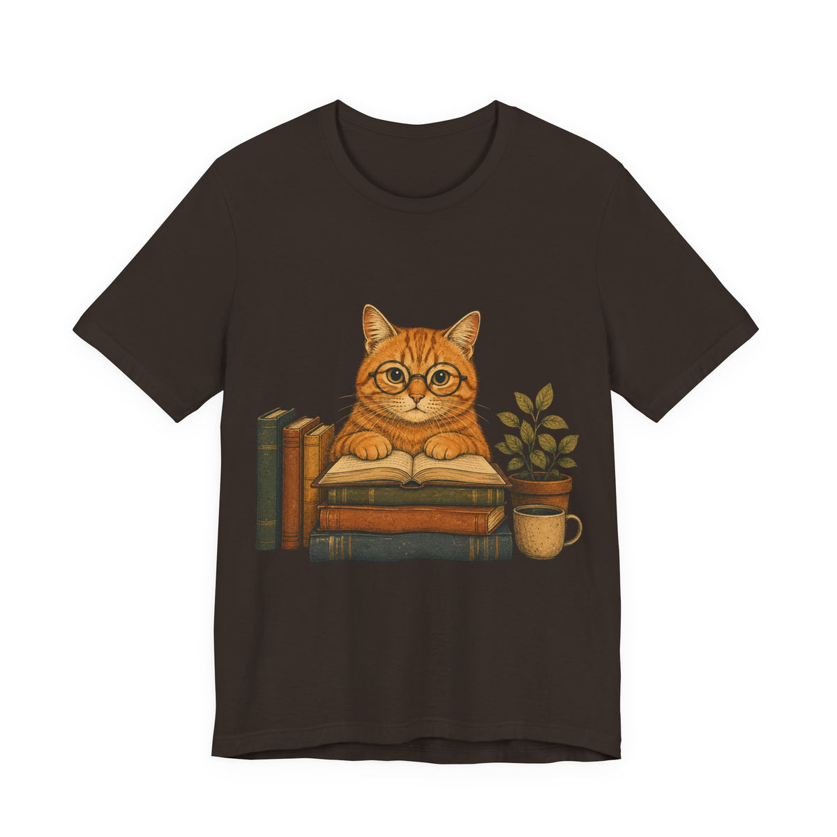 Cat Booklover T‑Shirt — Cute Reading Cat with Glasses, Books & Coffee Tee