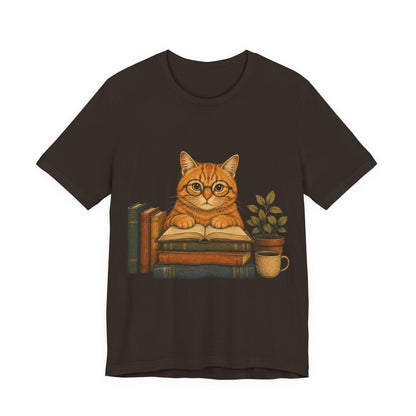 Cat Booklover T‑Shirt — Cute Reading Cat with Glasses, Books & Coffee Tee