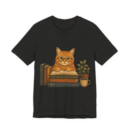 Cat Booklover T‑Shirt — Cute Reading Cat with Glasses, Books & Coffee Tee