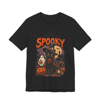 Stay Spooky Halloween Tee — Black Cat, Pumpkins & Witch Hat Graphic