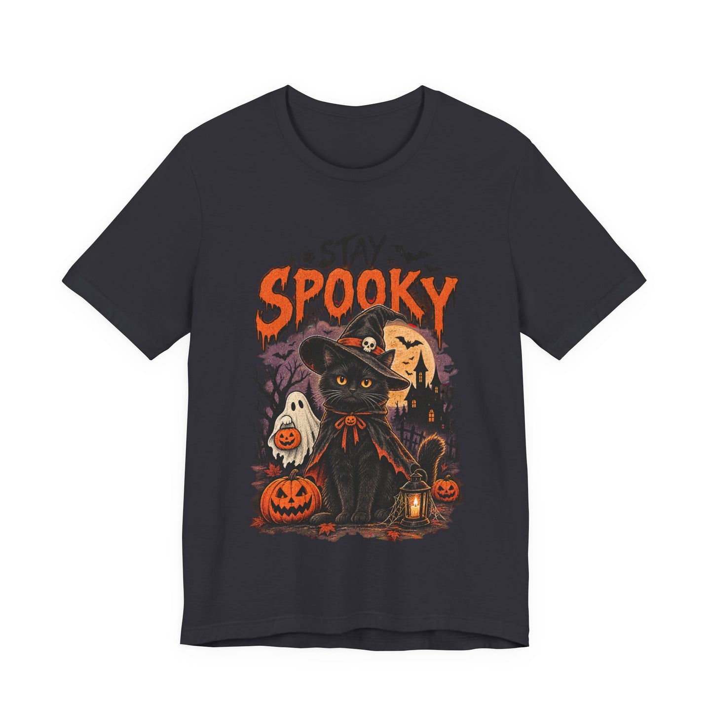 Stay Spooky Halloween Tee — Black Cat, Pumpkins & Witch Hat Graphic