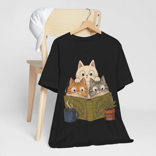 Cat Book Club Tee — Cute Reading Cats with Coffee & Plants