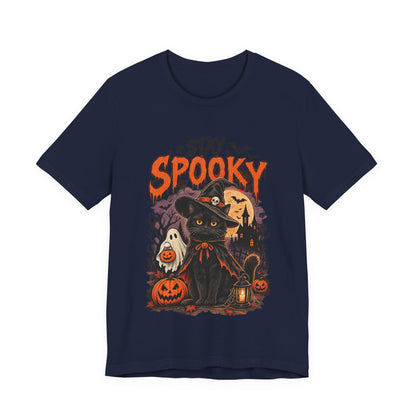 Stay Spooky Halloween Tee — Black Cat, Pumpkins & Witch Hat Graphic