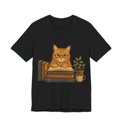 Cat Booklover T‑Shirt — Cute Reading Cat with Glasses, Books & Coffee Tee