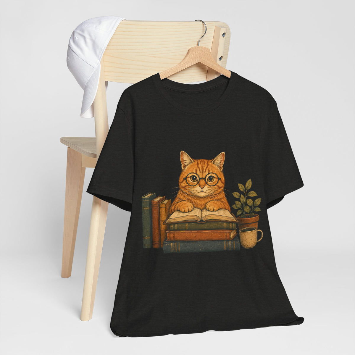 Cat Booklover T‑Shirt — Cute Reading Cat with Glasses, Books & Coffee Tee