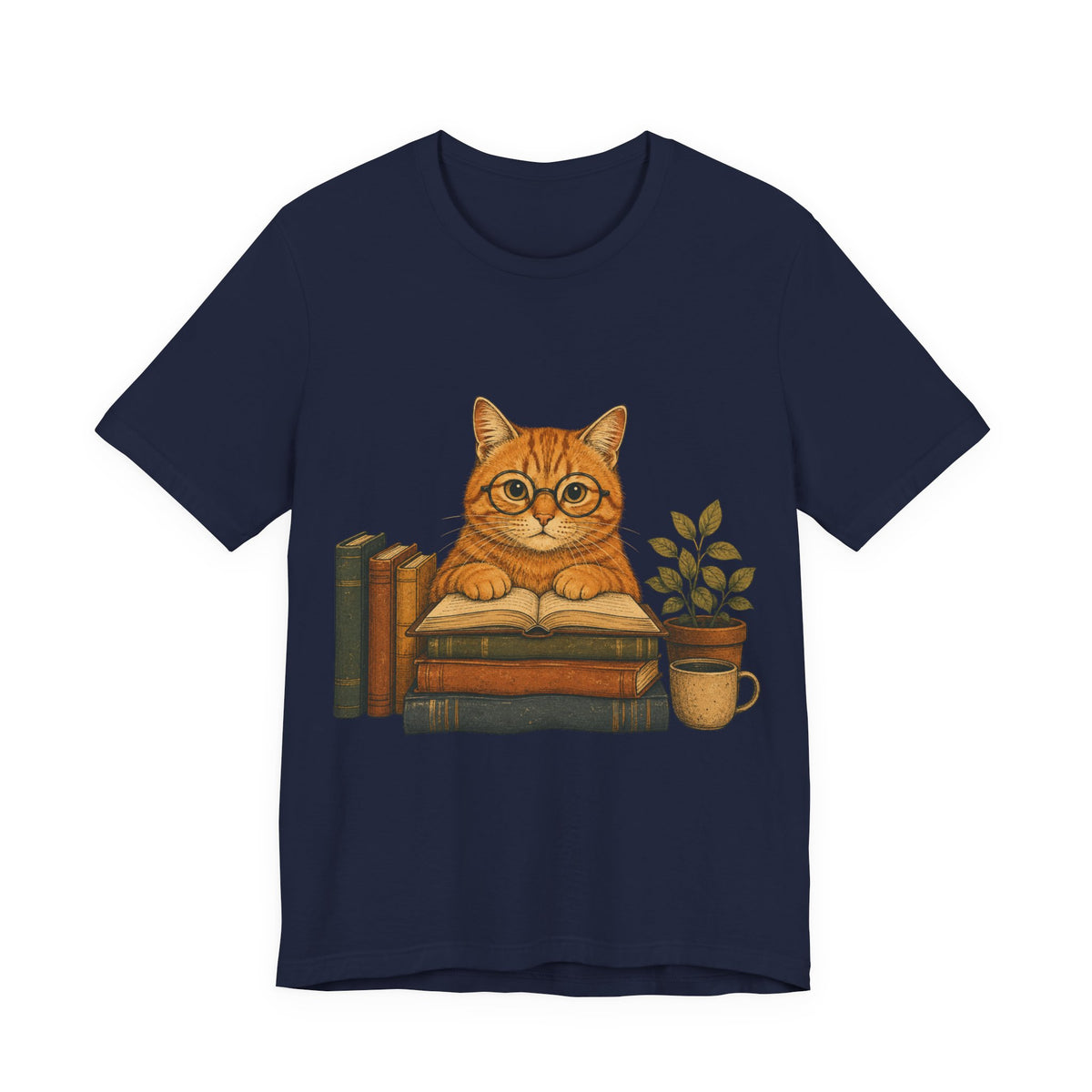 Cat Booklover T‑Shirt — Cute Reading Cat with Glasses, Books & Coffee Tee
