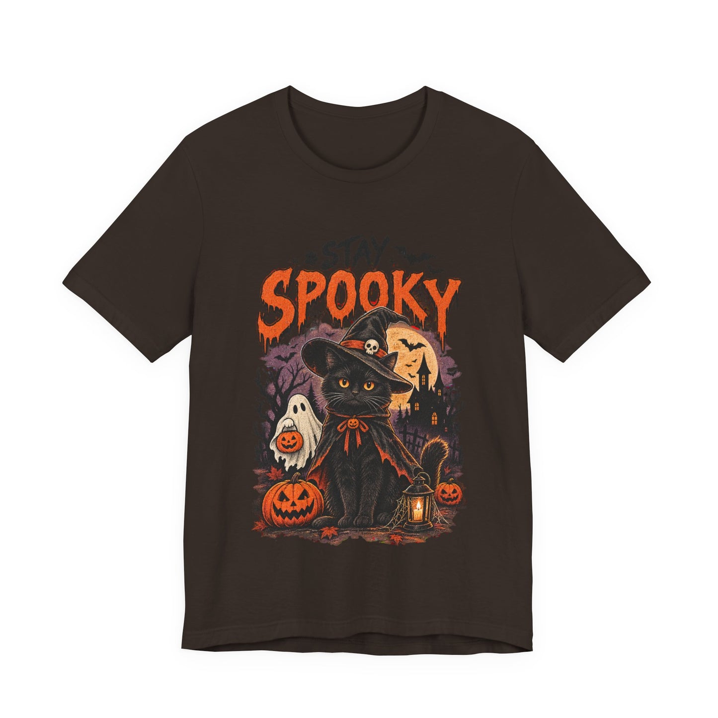 Stay Spooky Halloween Tee — Black Cat, Pumpkins & Witch Hat Graphic
