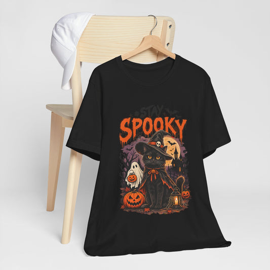Stay Spooky Halloween Tee — Black Cat, Pumpkins & Witch Hat Graphic