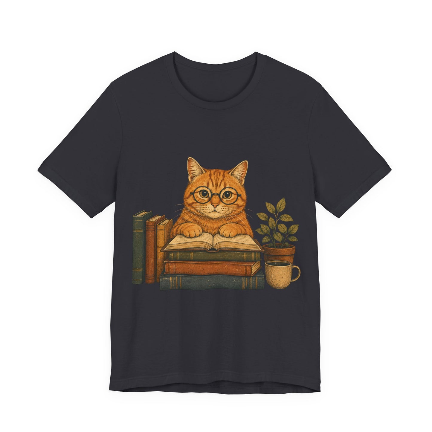 Cat Booklover T‑Shirt — Cute Reading Cat with Glasses, Books & Coffee Tee